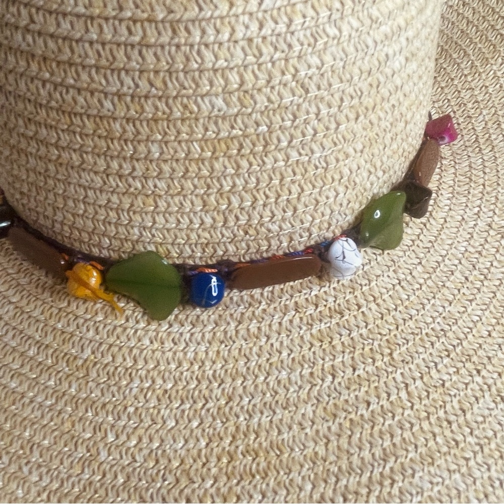 Bohemian Large straw hat with beading detailing with chin strap and bow tie - Picture 7 of 15